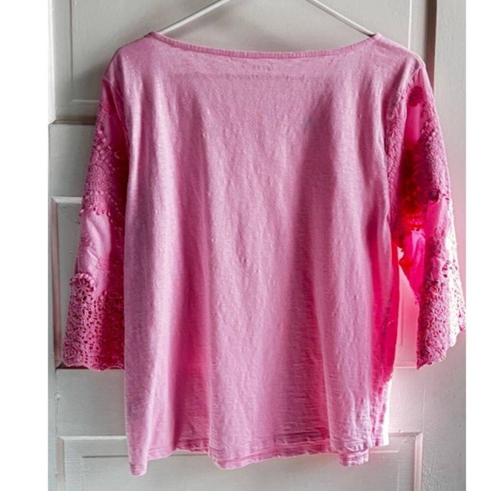 Talbots Pink Boatneck Knit Top Large 3/4 Sleeve Crochet Detail Cotton Pullover - Picture 2 of 5